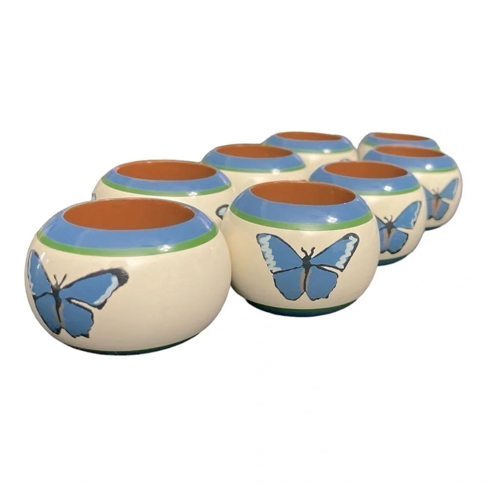 Pimpernel Napkins & Rings Butterfly Design ONE SET of 8. Hand painted wooden